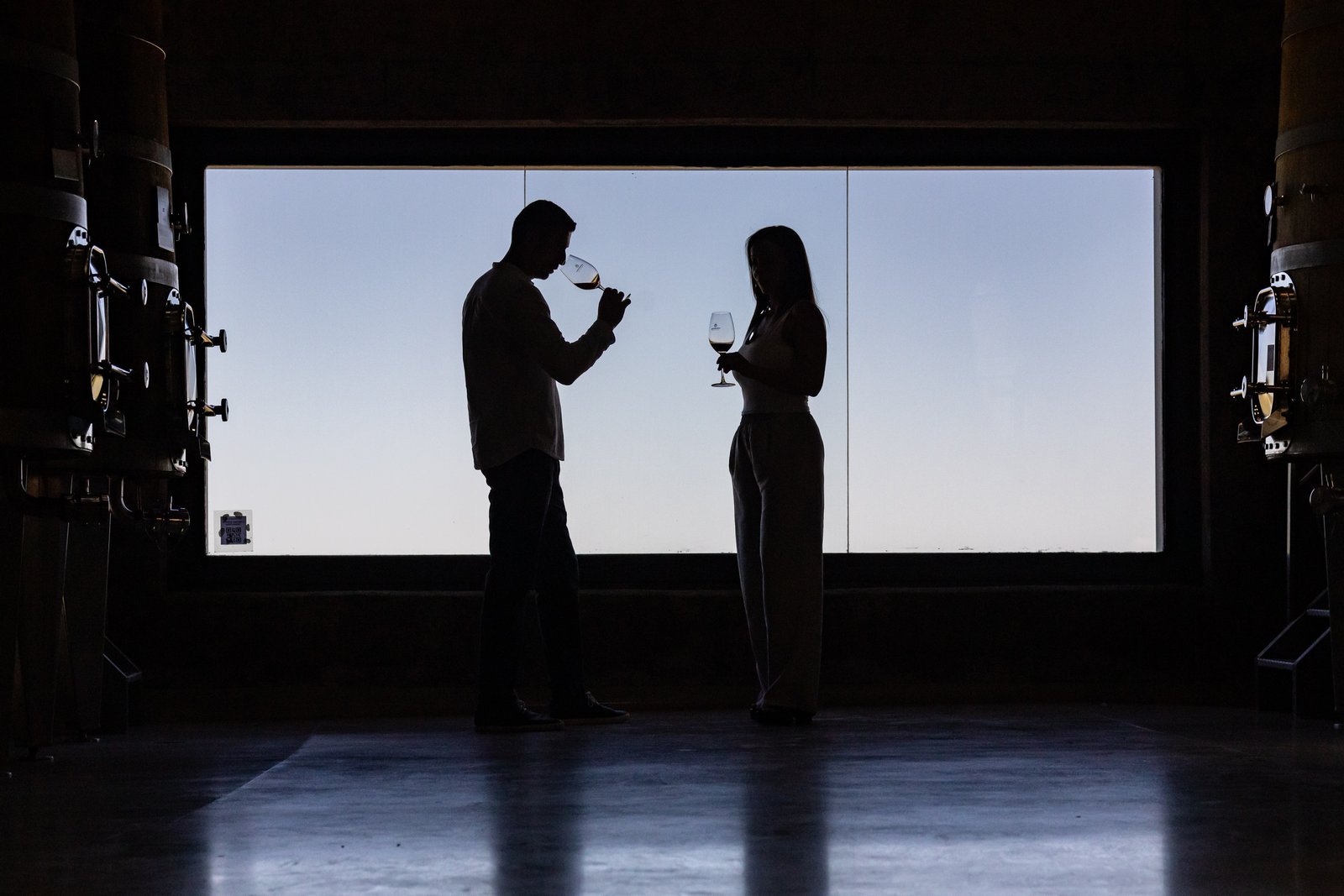Brindis en la bodega al contraluz de un ventanal