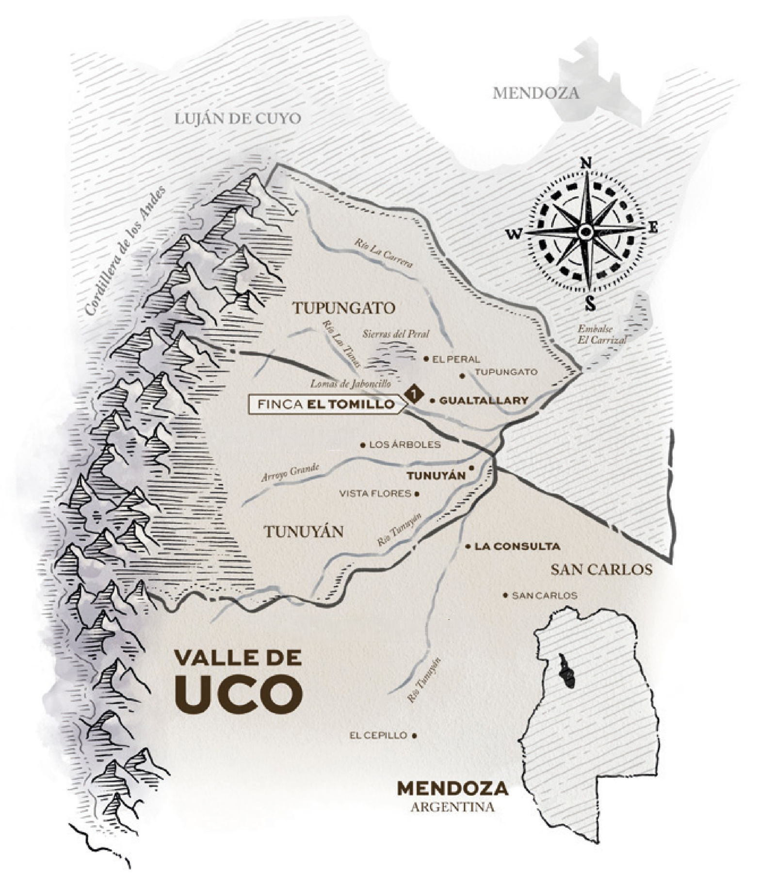 Mapa del Valle de Uco, Mendoza: Finca La Linterna señalada en Gualtallary, entre Tupungato al norte y Tunuyán al sur, con la Cordillera de los Andes al oeste.